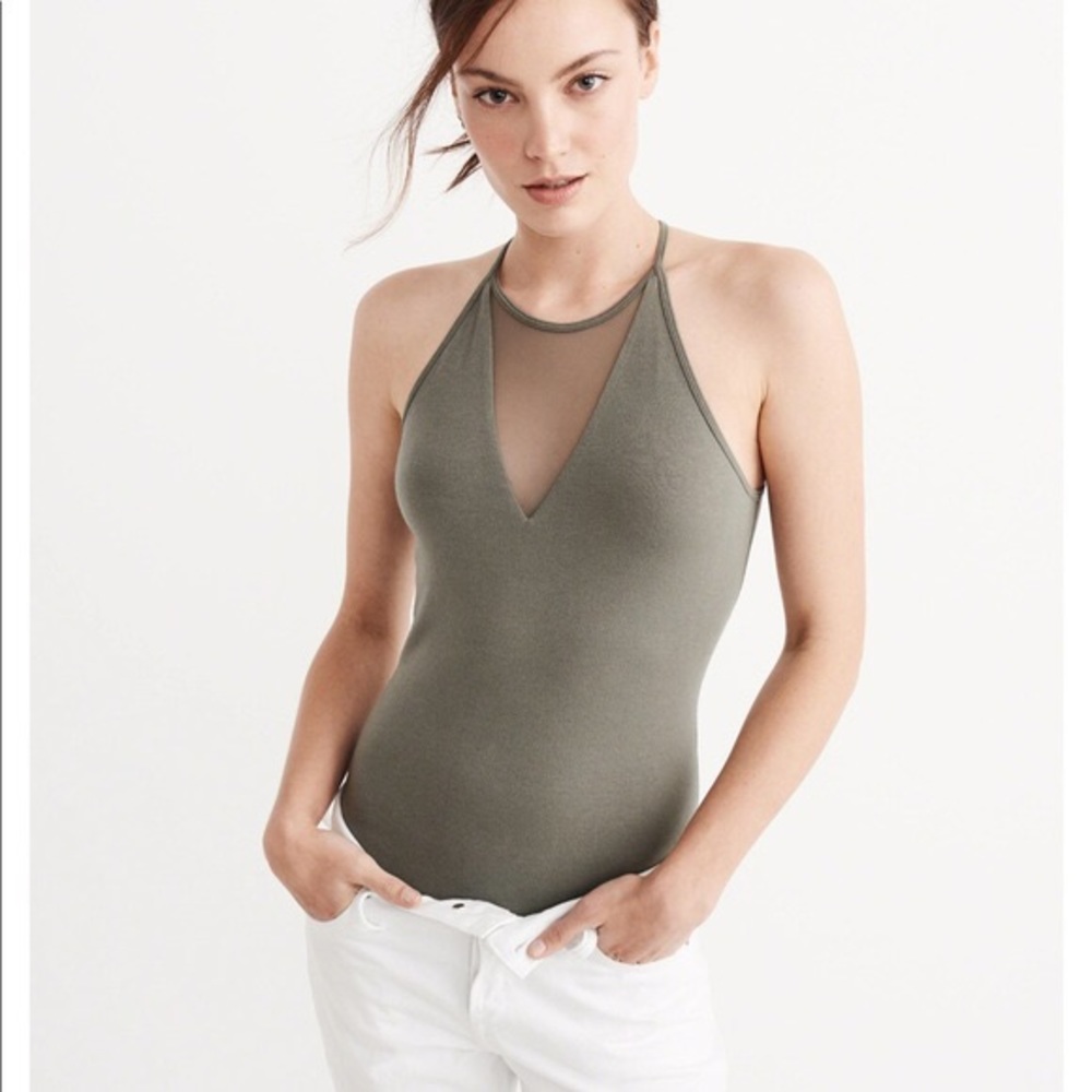 Abercrombie high neck mesh bodysuit olive green